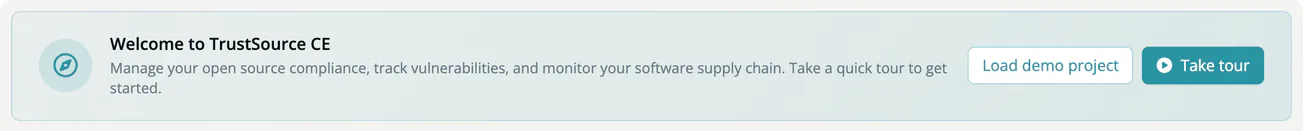 The Welcome to TrustSource CE banner with the Load demo project and Take tour buttons.