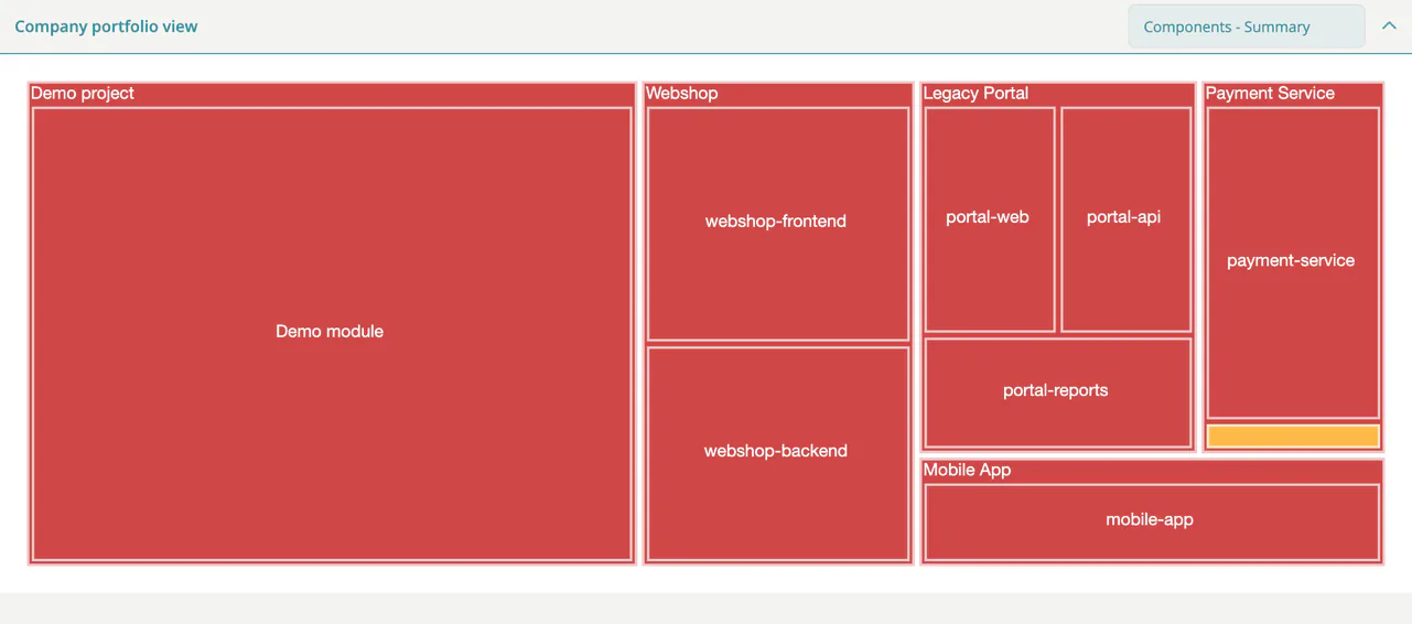 The Company portfolio view: a treemap with one rectangle per project and module, coloured by status, and the view type selector set to Components - Summary.