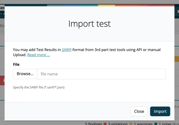 The Import test dialog opened from the Quality tab of a module, with the Browse button for the SARIF file and the Import button.