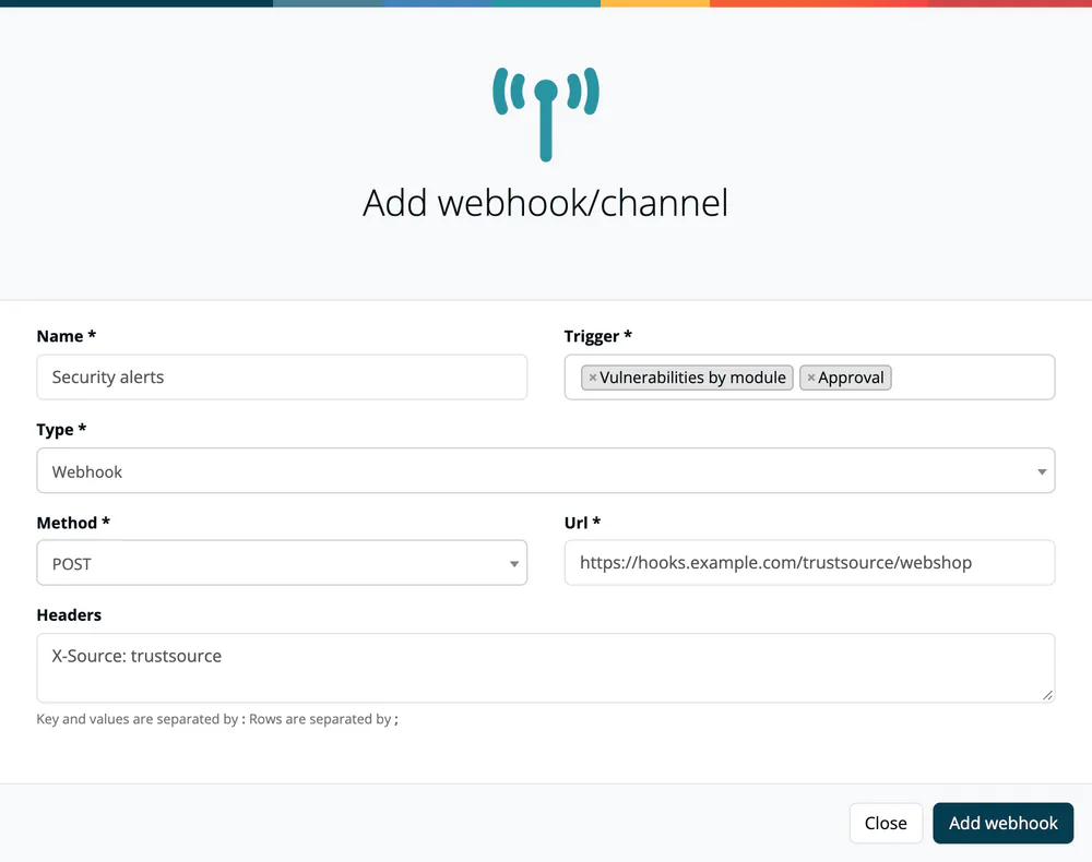 The Add webhook/channel dialog with the name Security alerts, the triggers Vulnerabilities by module and Approval, the type Webhook, the method POST, a target URL on example.com and one header.