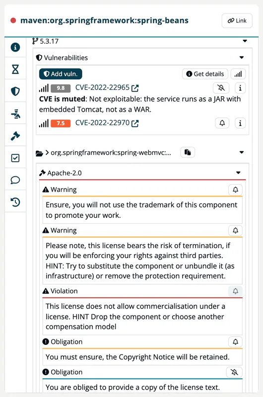 The Component Details side panel of spring-beans 5.3.17: the Vulnerabilities section with CVE-2022-22965, shown as muted with the reason from the allowed vulnerability list, and CVE-2022-22970, the dependency path, and the license Apache-2.0 with its warnings, violation and obligations.