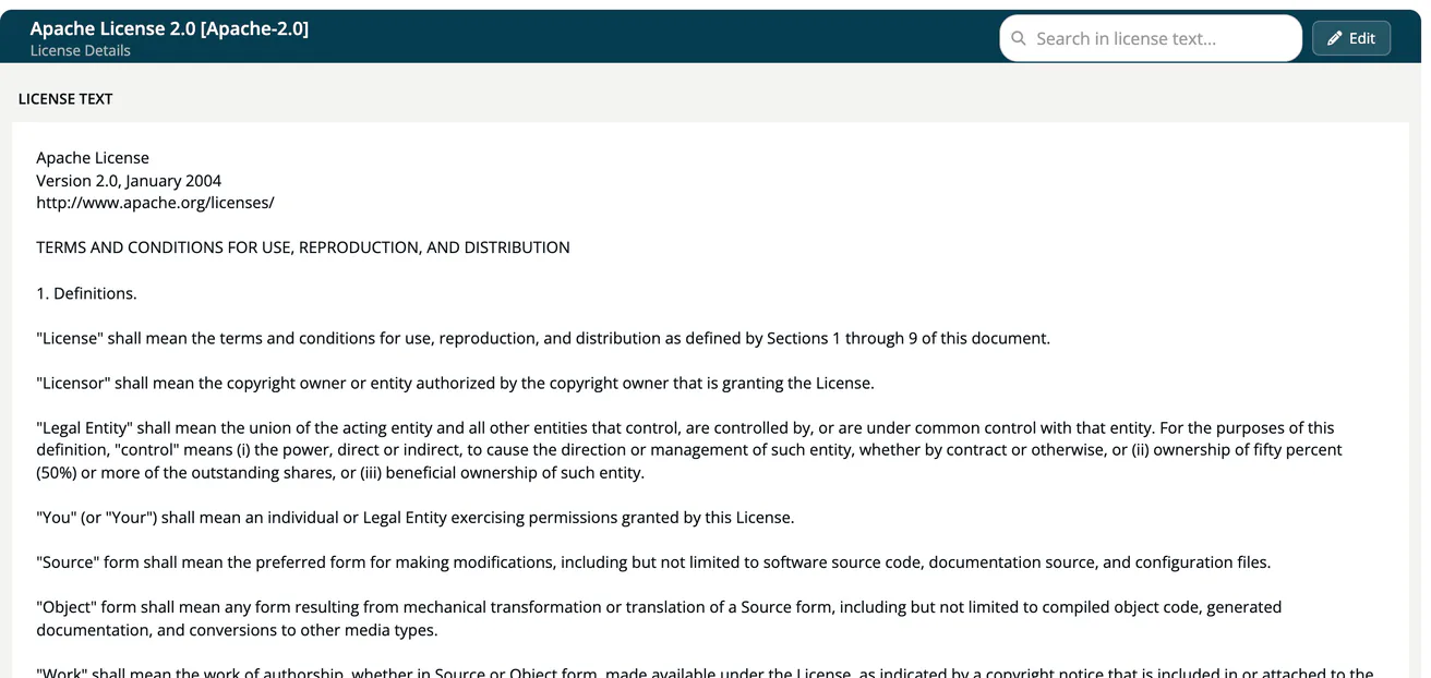The license details page Apache License 2.0 Apache-2.0 with the subtitle License Details, the Search in license text box and the Edit button in the header, and the license text below.