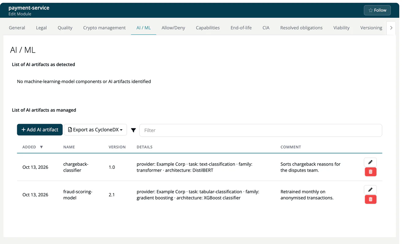 The AI / ML tab of payment-service: List of AI artifacts as detected, and List of AI artifacts as managed with Add AI artifact, Export as CycloneDX and the models fraud-scoring-model 2.1 and chargeback-classifier 1.0 with provider, task, family, architecture and comment.