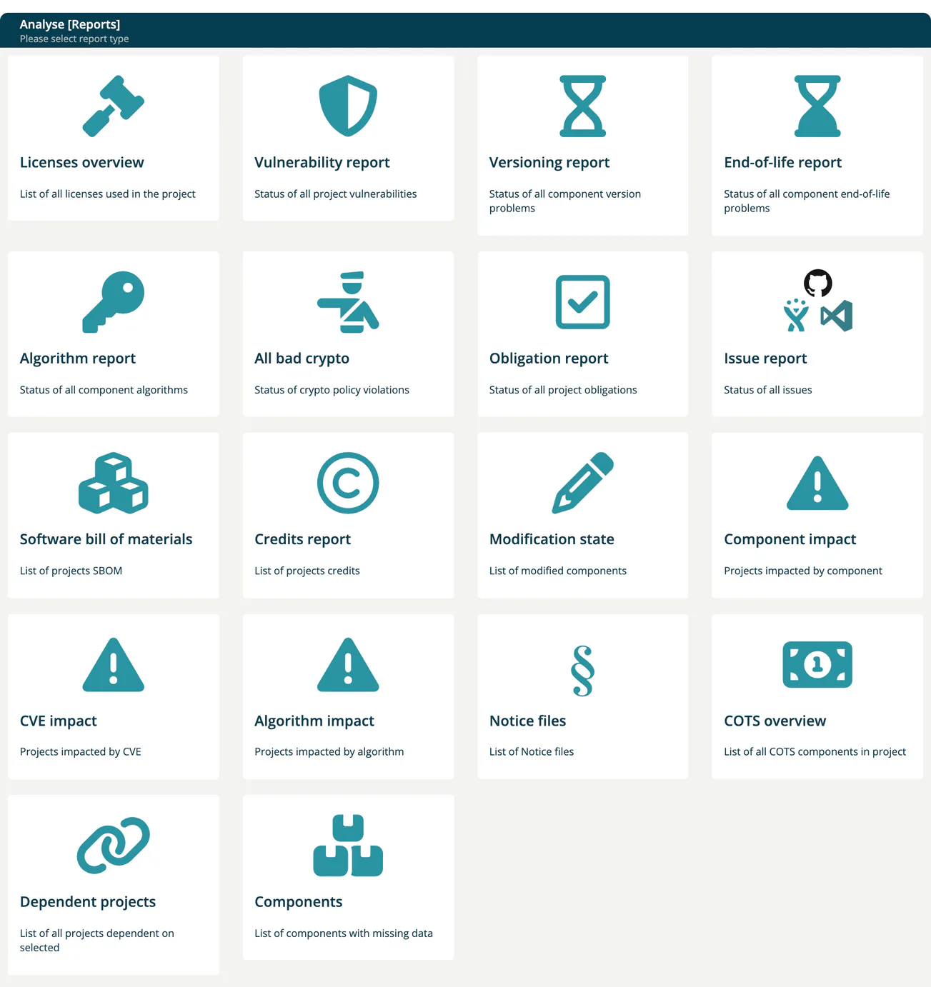 The Reports hub, titled Analyse Reports, with its report tiles, from Licenses overview, Vulnerability report, Versioning report and End-of-life report to Dependent projects and Components.