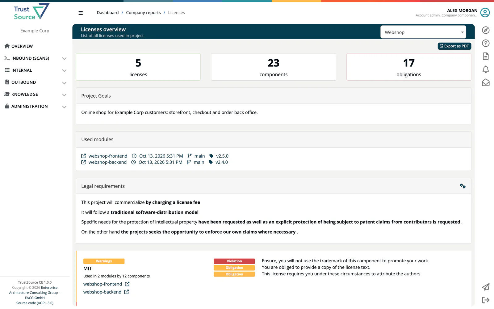 The Licenses overview for Webshop: the counters 5 licenses, 23 components and 17 obligations, the Project Goals panel with the project description, the Used modules with their analyses, the Legal requirements, and the first license MIT with its warnings and obligations.
