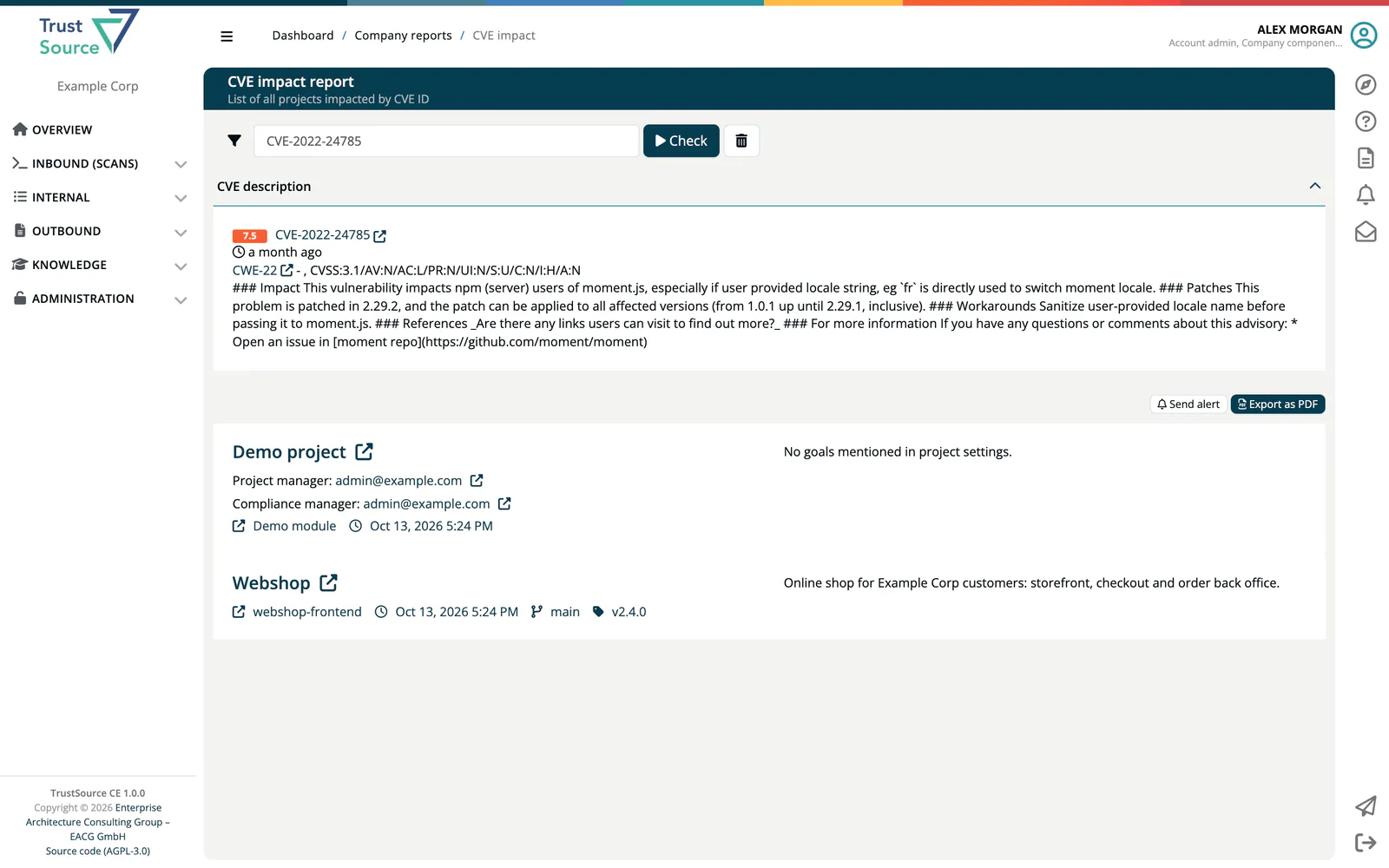 The CVE impact report for CVE-2022-24785: the CVE description with score 7.5, CWE-22 and the CVSS vector, Send alert and Export as PDF, and the two impacted projects Demo project with its project and compliance manager and Webshop with the module webshop-frontend.