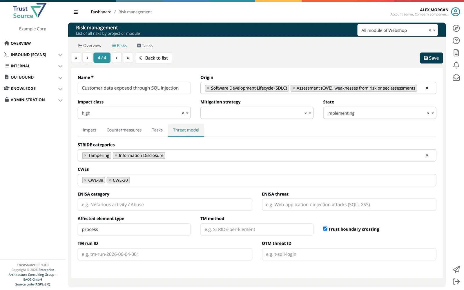 The Threat model tab of the risk Customer data exposed through SQL injection, with the STRIDE categories Information Disclosure and Tampering, the CWEs CWE-89 and CWE-20, the affected element type process and Trust boundary crossing ticked.