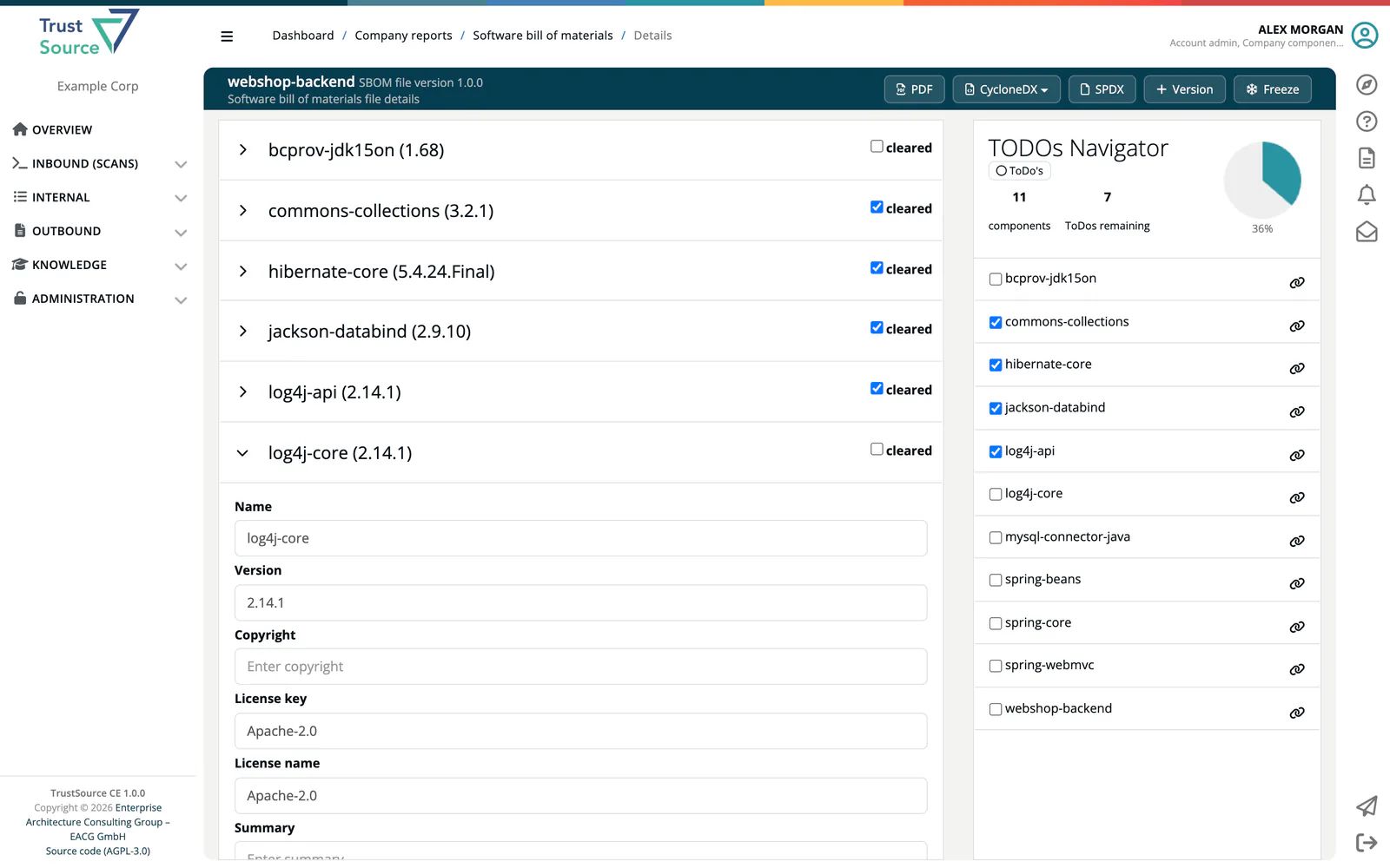 The SBOM file of Webshop / webshop-backend with log4j-core opened for editing on the left and the TODOs Navigator on the right with the component count, the remaining ToDos and the completion.