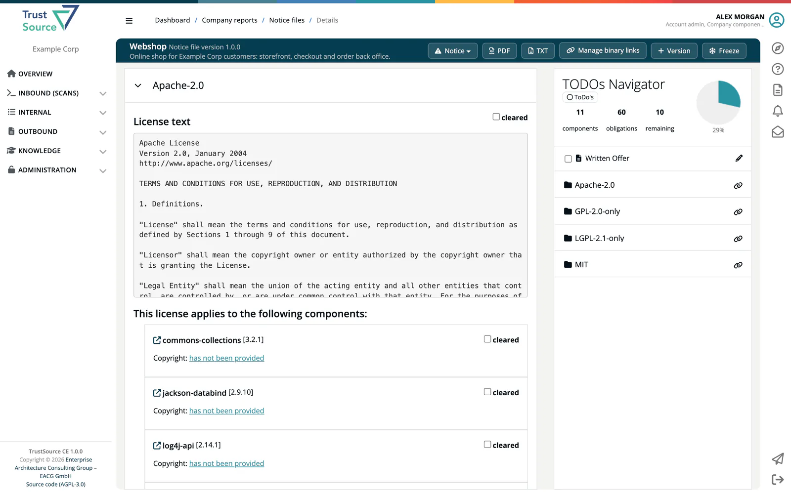 The notice file of the Webshop Backend 2.4.0 release with the license Apache-2.0 opened, showing its components with cleared checkboxes, and the TODOs Navigator with components, obligations, remaining ToDos and the Written Offer entry.