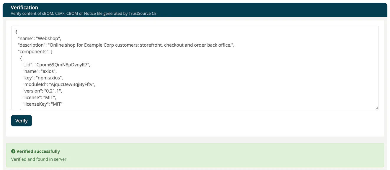 The Verification page with the signed SBOM of the Webshop Frontend 2.4.0 release pasted into the text field and the result Verified successfully, Verified and found in server.