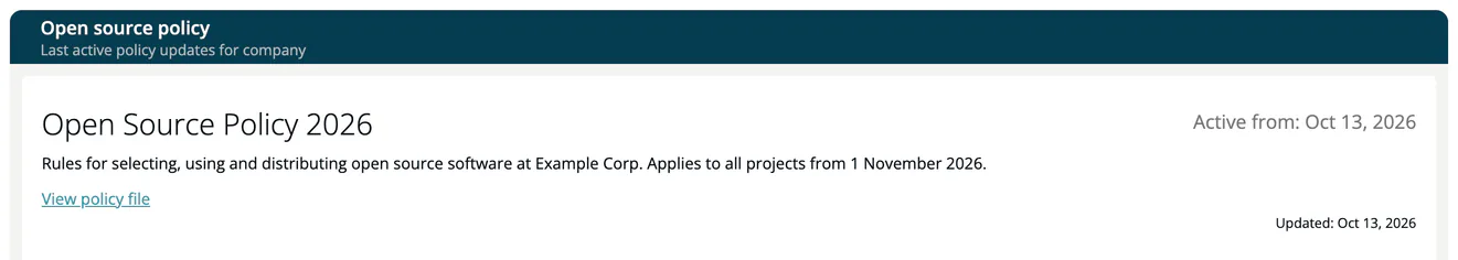 The Open source policy page with the active policy Open Source Policy 2026, its Active from date, the description, the View policy file link and the Updated date.