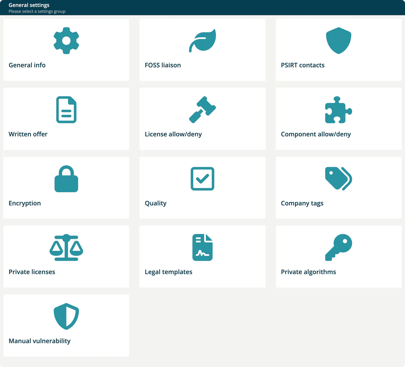 The General settings page with one card per settings group.