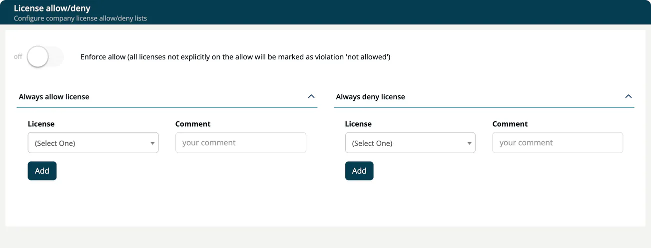 The License allow/deny page with the Enforce allow switch turned off and the Always allow license and Always deny license panels, each with License, Comment and Add.