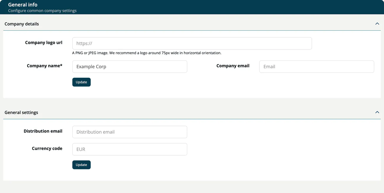 The General info page with the Company details panel (Company logo url, Company name, Company email) and the General settings panel (Distribution email, Currency code), each with an Update button.