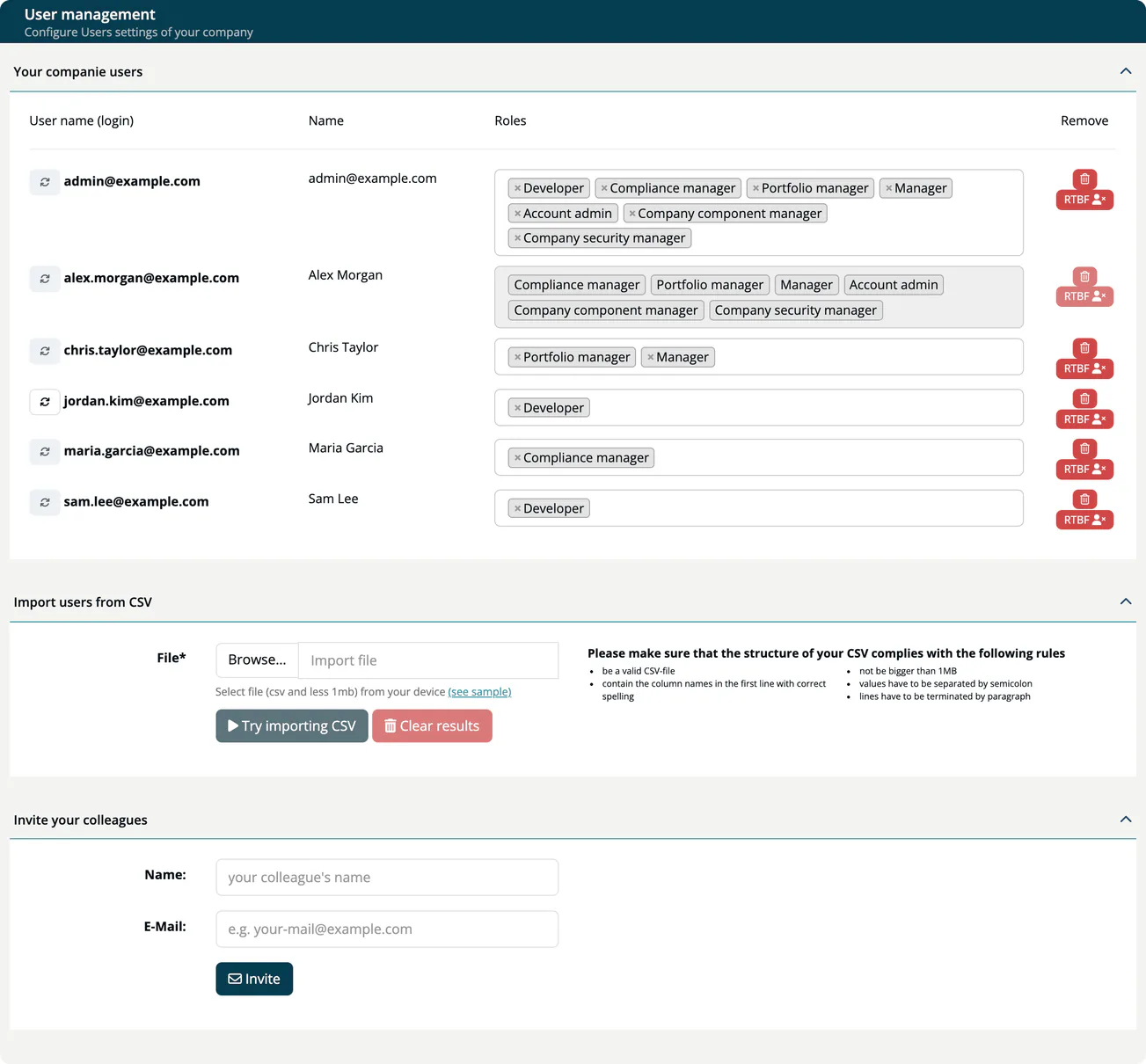 The User management page: the user list with user name, name, roles and the Remove and RTBF buttons, the Import users from CSV panel and the Invite your colleagues form.