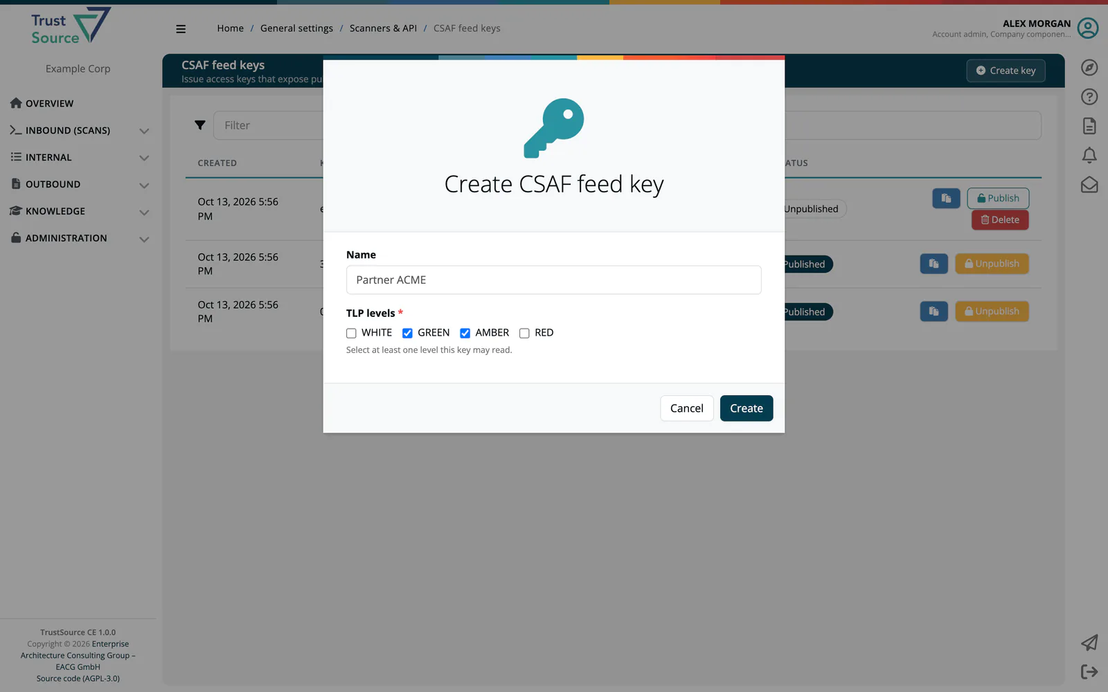 The Create CSAF feed key dialog with a Name and the TLP levels WHITE, GREEN, AMBER and RED, open over the CSAF feed keys table.