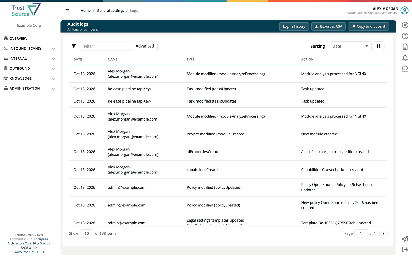 The Audit logs page with the Logins history, Export as CSV and Copy to clipboard buttons, the filter bar with Advanced and Sorting, and the log table with Date, Name, Type and Action.