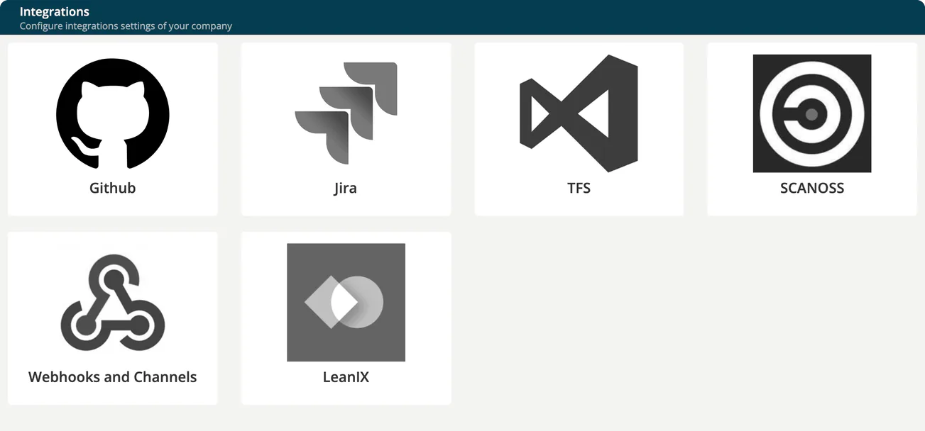 The Integrations page with the tiles Github, Jira, TFS, SCANOSS, Webhooks and Channels, and LeanIX.