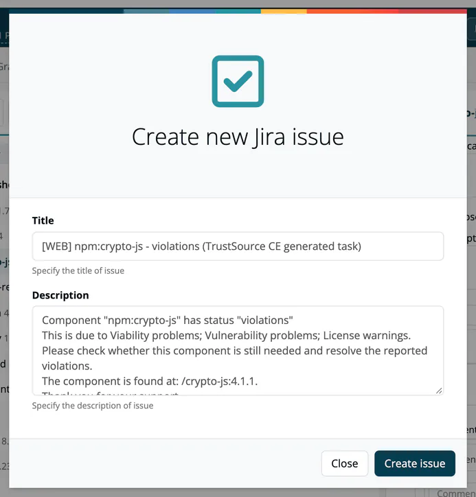 The Create new Jira issue dialog for the crypto-js component of the webshop-frontend module, with the Title and Description filled in from the finding, and the Close and Create issue buttons.