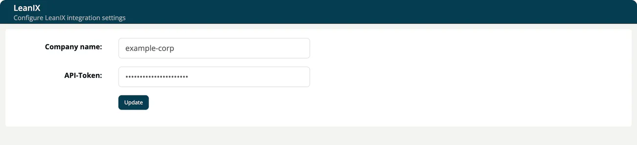 The LeanIX settings page with a workspace name and a hidden API-Token typed in, and the Update button.
