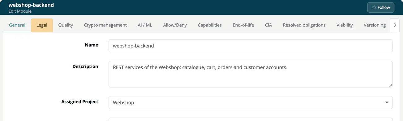 The module settings of webshop-backend with the tab bar General, Legal, Quality, Crypto management, AI / ML, Allow/Deny, Capabilities and more, an arrow to scroll to the remaining tabs, and the top of the General tab.