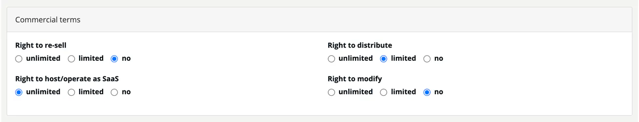 The Commercial terms panel on the edit page of Example Analytics Suite: Right to re-sell no, Right to distribute limited, Right to host/operate as SaaS unlimited and Right to modify no.