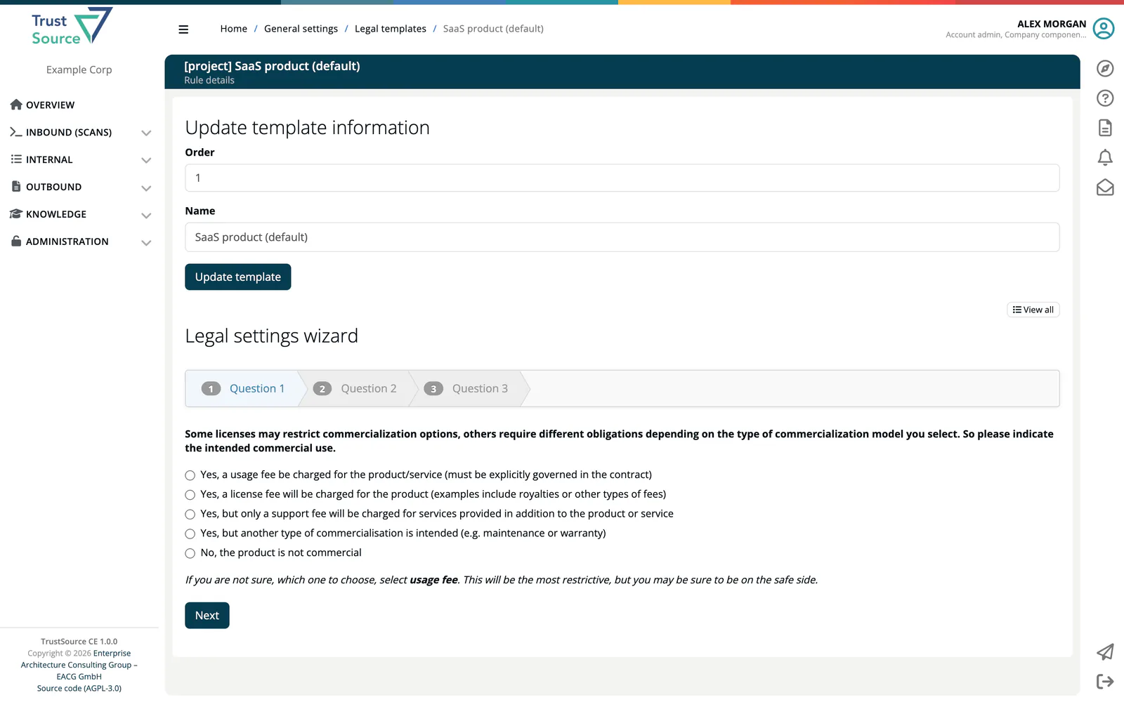 The project template SaaS product (default) with Update template information and the Legal settings wizard started: Question 1 of 3 asks for the intended commercial use, with the View all button and Next.