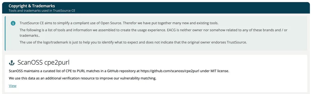 The Copyright & Trademarks page with the statement about the tools and trademarks used and the entry ScanOSS cpe2purl with its description, its use in TrustSource CE and the View link.