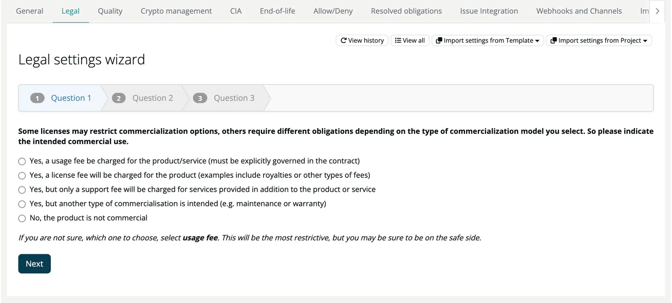 The Legal tab of Webshop with the Legal settings wizard on Question 1, Commercial Aspects, listing the commercialisation options and the Next button.